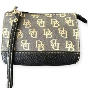 Dooney & Bourke Jacquard Canvas & Black Pebbled Leather Wristlet Silver Hardware